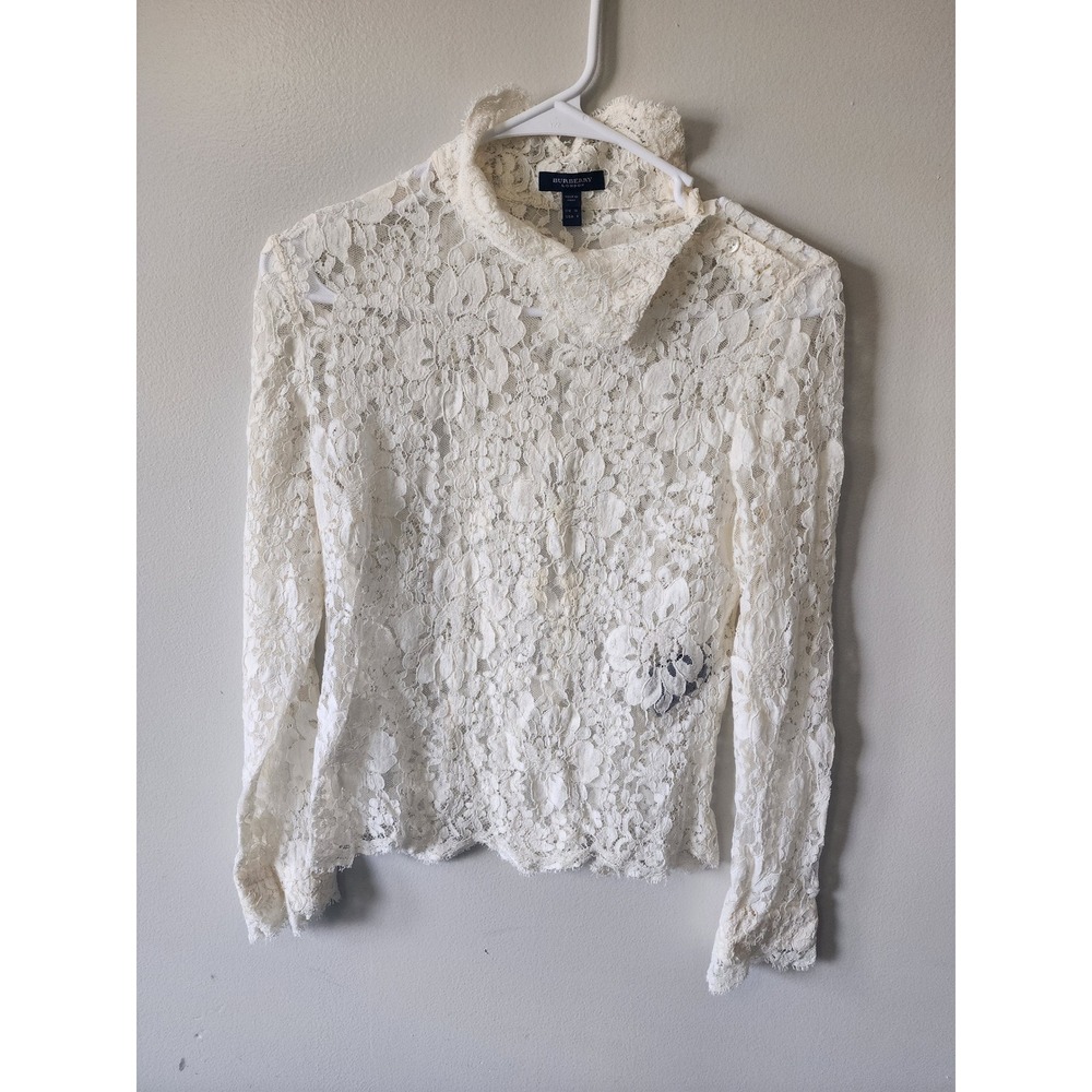 Burberry London Cream Floral Lace High Neck Long Sleeve Top Made in Italy Size 8